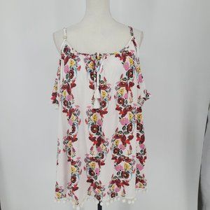 Show Me Your Mumu Floral Cold Shoulder Bonnaroo Pom Pom Mini Dress Size Small